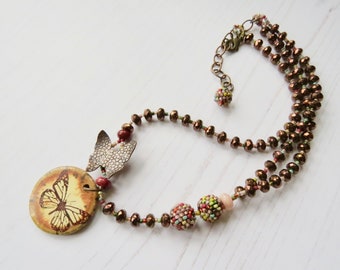 Handmade artisan bead necklace - Monarch- handmade artisan beaded butterfly long necklace in copper and autumnal shades