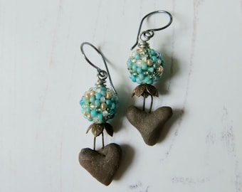 Sweet Treat - handmade artisan bead earrings in unglazed charcoal clay with handwoven turquoise glass with oxidised sterling silver earwires