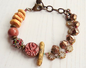Handmade artisan bead bracelet - Crunchy Leaves - unique bracelet in topaz, gold, sage green, brown autumn tones with handmade beads