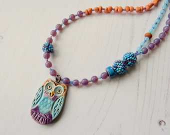 Handmade artisan bead necklace - Hoot! - owl autumnal necklace, fall necklace, owl jewellery, purple orange copper owl necklace, songbead