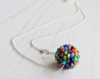 Handmade multicolour bead chain pendant necklace - handmade artisan rainbow handwoven glass bead sterling silver ball chain necklace pendant