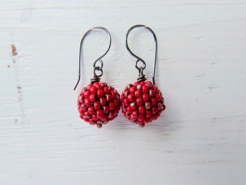 Handmade Crimson Red Bead Earrings - Poinsettia, Sterling Silver