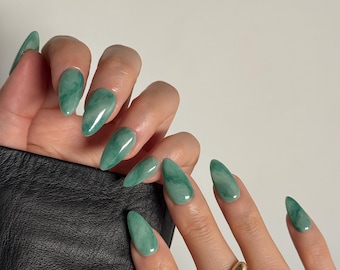 Handmade Matcha Green Gradient Jade Classic Press On Nails | Almond Medium Length Nails Set