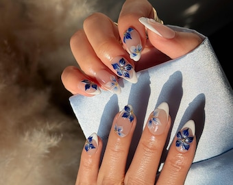 Blue Floral Press-On Nails | Gel French Almond | Handmade Azure White Flower French Tip, Reusable