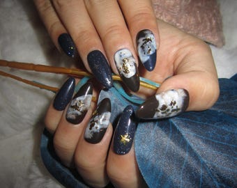 Uñas postizas de nube celestial hechas a mano / Arte de uñas almendra estrellada de medianoche
