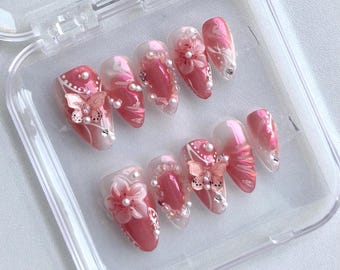 Handmade Pink Almond Press On Nails | 3D Floral Butterfly