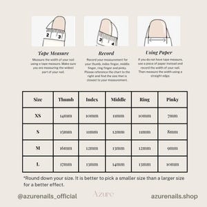 May include: A nail size chart with instructions on how to measure nail width using a tape measure or paper. The chart includes sizes XS to L, with measurements in millimeters for each finger. The text "@azurenails_official" is visible.