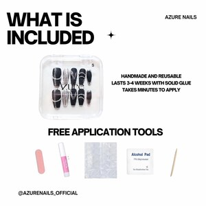 May include: A set of black and silver press-on nails in a clear case, with the text "WHAT IS INCLUDED". Includes application tools: a nail file, glue, bubble wrap, alcohol pad, and a wooden stick. The text "AZURE NAILS" is also visible.