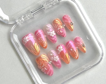 Handmade Press On Nails | Flower Summer Floral Orange Pink Almond Medium Length Nail Set