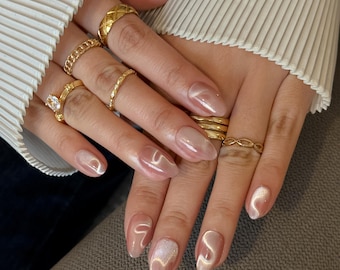 Handmade Starry Press On Nails | Classic Cat Eye Heart Pink Blush Almond Short Length Nail Set