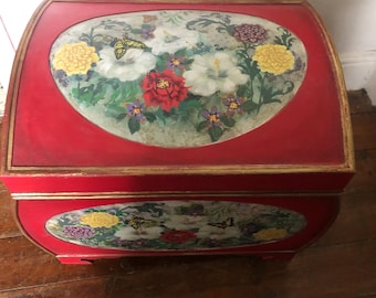 Hand Painted Red Chest: Floral Decoupage, Upcycled Storage Trunk