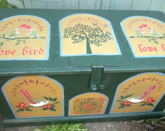 Antique Hand-Painted Wooden Chest: Bird Design, Bedroom/Living Room Storage