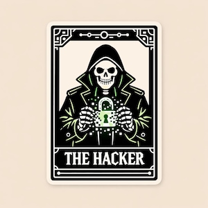 May include: A black and white illustration of a hooded skeleton holding a glowing green padlock. The image is framed with decorative lines and the text "THE HACKER" at the bottom. The overall design has a tarot card aesthetic.