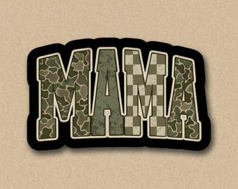 Camo Mama Sticker, Checkered Hunting Mom Decal, Outdoorsy Military Mother Gift, Retro Boy Mom Laptop Cup Decal