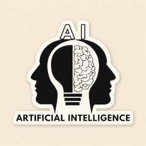 May include: A black and white sticker featuring the text "AI" above a lightbulb shape, with a brain on the right side and a human profile on each side. The words "ARTIFICIAL INTELLIGENCE" are below the image.