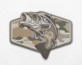 Largemouth Bass Camo Patch, Jumping Fish Embroidered Iron On Applique, Fisherman Angler Sew On Patch, Fishing Gift