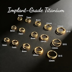 May include: Gold-colored, double-hoop earrings in various sizes, ranging from 6mm to 12mm, and gauges from 16G to 20G. The image includes the text "Implant-Grade Titanium". The earrings are displayed on a dark background.