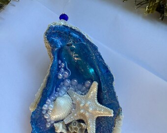 Enfeite de concha do mar azul profundo | Enfeite de Natal com tema de praia | Presente náutico feito à mão