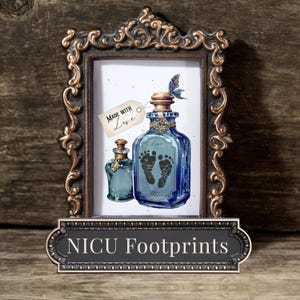 May include: Ornate bronze-colored frame with a print of two blue potion bottles. The larger bottle has baby footprints and the word "Love" on it. A tag reads "Made with Love." The base reads "NICU Footprints."