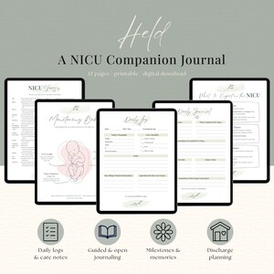 May include: A NICU Companion Journal, a digital download with 12 pages. The journal includes daily logs, care notes, guided journaling, milestones, memories, and discharge planning. The cover features the word "Held" in elegant script.