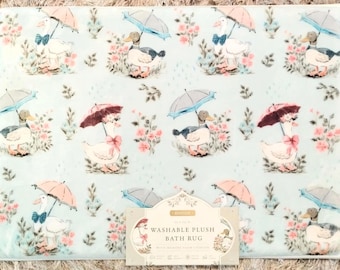 Plush Foam Bath Mat Farmhouse Ducks Geese with Umbrellas Floral Blue Pink non-slip