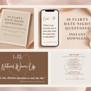 Puede incluir: Imagen promocional para un juego de citas con el texto "40 Preguntas Coquetas para Citas Nocturnas". La imagen incluye una tarjeta, un teléfono inteligente que muestra una pregunta y una lista de categorías de preguntas.