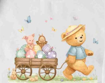 Aquarell Osterteddy Bären Wagen PNG, Pastell Eier, Frühlingstiere (Digitaler Download)