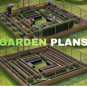 Può includere: Vista aerea di un progetto di giardino con aiuole rialzate, sentieri e aree salotto. L'immagine presenta il testo "GARDEN PLANS" in grandi lettere verdi. Il design comprende varie piante e un'estetica moderna, con un focus sulla funzionalità.