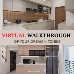Può includere: Un design moderno per la cucina con mobili colorati chiari, un piano di lavoro in marmo e una parete in legno. L'immagine include un tostapane, un piano cottura e il testo "VIRTUAL WALKTHROUGH OF YOUR DREAM KITCHEN."