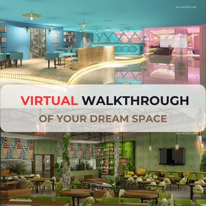 May include: An architectural rendering showing a virtual walkthrough of a dream space. The image presents different interior design concepts, including a blue area with tables and chairs, and a green restaurant with tables and chairs. The text "VIRTUAL WALKTHROUGH OF YOUR DREAM SPACE" is displayed.