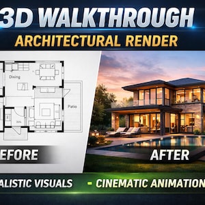Puede incluir: Representación arquitectónica que compara un plano de planta y una visualización 3D de una casa moderna con piscina. El plano muestra la cocina, el comedor, el dormitorio y el patio. El texto dice "3D WALKTHROUGH" y "ARCHITECTURAL RENDER".