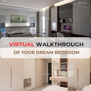 May include: A contemporary bedroom design featuring a bed, desk, and white storage units. The image displays the text "VIRTUAL WALKTHROUGH OF YOUR DREAM BEDROOM". The room has a minimalist style with neutral tones and natural light.
