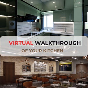 Könnte beinhalten: Ein zusammengesetztes Bild, das Innenarchitekturkonzepte zeigt. Die obere Hälfte zeigt eine moderne Küche mit eleganten Schränken und Geräten. Die untere Hälfte zeigt ein Restaurantinterieur mit Tischen, Stühlen und dekorativer Beleuchtung. Text: "VIRTUAL WALKTHROUGH OF YOUR KITCHEN."