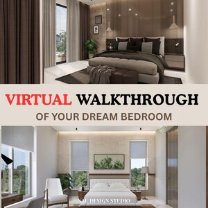 May include: A bedroom interior design with a large bed, bedside tables, and decorative lighting. The image features the text "VIRTUAL WALKTHROUGH OF YOUR DREAM BEDROOM". The room has brown and beige tones, with large windows and curtains.