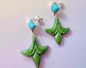 Handmade Green Leaf Drop Earrings with Turquoise-Colored Studs
