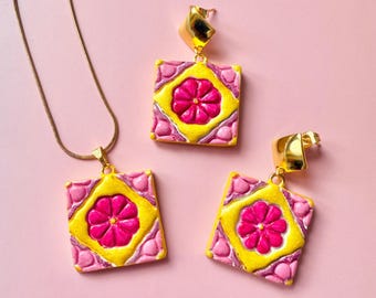 Handmade Persian Tile Clay Jewelry Set | Floral Necklace & Earrings