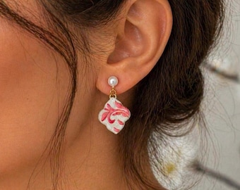 Textured Clay Floral Drop Earrings with Pearl Stud – Minimal Pink Boho Dangle