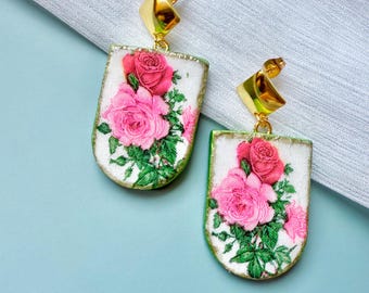 Handmade Rose Earrings – Green Floral Art Earrings