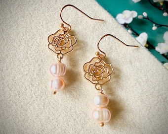 Rose Pearl Drop Earrings – Minimalist Freshwater Pearl Dangle Jewelry