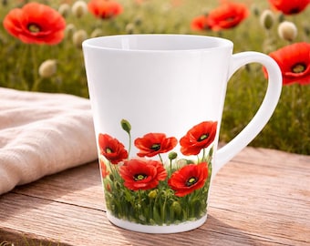 Red Poppies Latte Mug | Poppy Flower Coffee Cup | Botanical Floral Mug | Spring Wildflower Drinkware | Garden Inspired Gift for Her