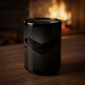Peut inclure: Une tasse à café noire avec un motif géométrique. La tasse cylindrique a une finition mate. De la vapeur s'élève du liquide sombre à l'intérieur. La tasse est posée sur une surface en bois, avec une cheminée floue en arrière-plan.