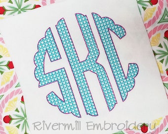 Vintage Stitch Round Scalloped 3 Letter Circle Monogram Machine Embroidery Font Alphabet - 3 Sizes