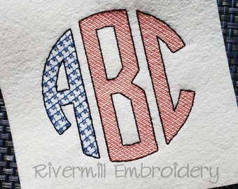 Patriotic Flag Round Circle Monogram Sketch Style Machine Embroidery Font Alphabet - 4 Sizes