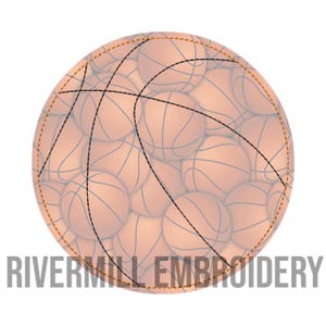 May include: A brown basketball with black stitching, made up of many smaller basketballs. The basketball is a pattern of many smaller basketballs.