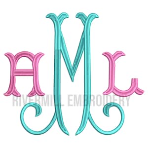 May include: A monogram design featuring the letters A, M, and L in a decorative script. The letter M is teal, while the letters A and L are pink. The design is embroidered with a textured appearance, suitable for personalization.