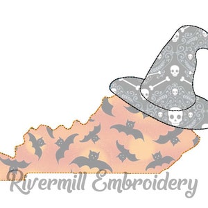 State of Kentucky With a Witch Hat Raggy Applique Machine Embroidery Design - 4 Sizes