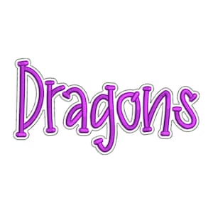 May include: A purple embroidered design of the word "Dragons" in a whimsical, cursive font. The letters are outlined in a darker purple with a white border, set against a plain white background. The design is suitable for various craft projects.
