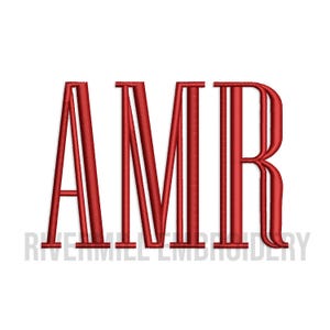 May include: Red embroidered letters "AMR" on a white background. The letters are in a bold, serif font. The text "RIVERMILL EMBROIDERY" is at the bottom of the image in a light gray color.