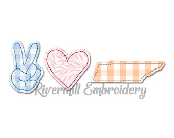 May include: Three embroidered patches: a blue peace sign, a pink heart with a white floral pattern, and a peach-colored outline of the state of Tennessee with a white and peach gingham pattern.