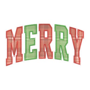 May include: The word "MERRY" in a festive design. The letters are in a plaid pattern, with red and green colors. The letters have a stitched outline, giving a handcrafted appearance. The background is white.